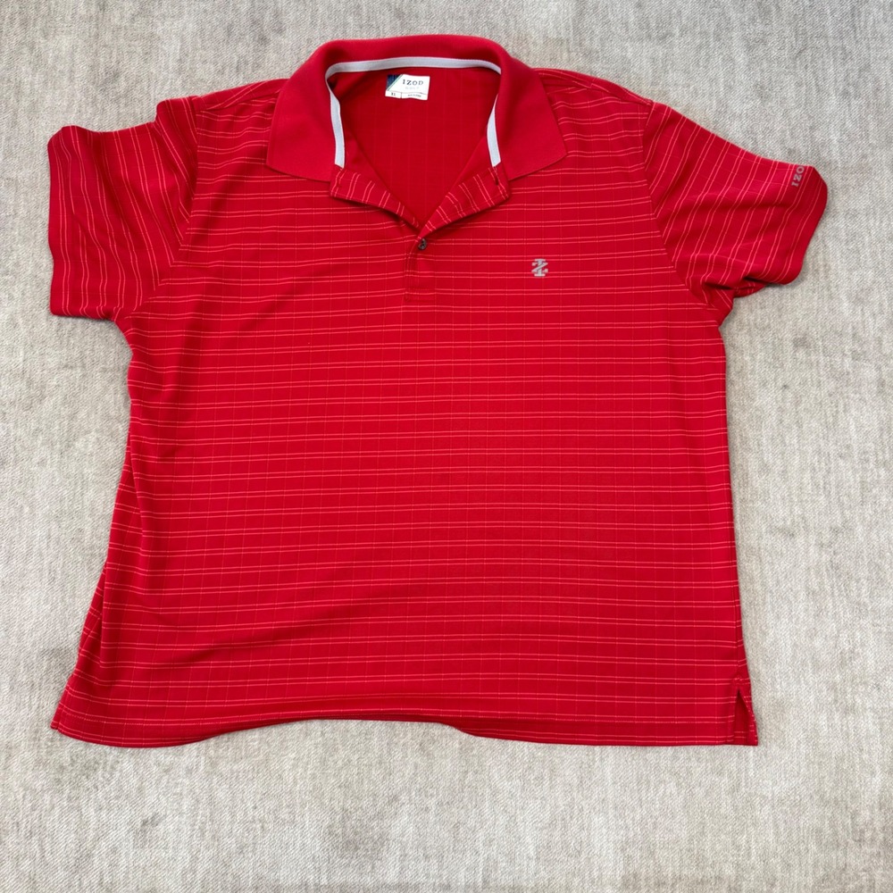 IZOD Golf Mens XL Red Striped Grid Performance Short Sleeve Polo Shirt‎ 2059